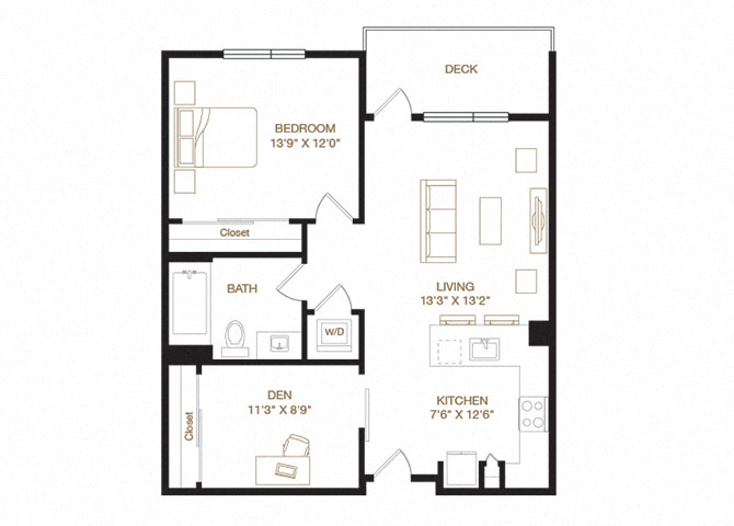 Floor plan for 1 bed, 1 bath, 835 sqft