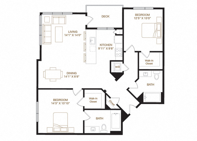 Floor plan for 2 beds, 2 baths, 1249 sqft