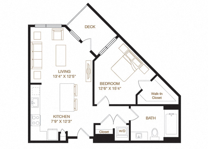 Floor plan for 1 bed, 1 bath, 785 sqft