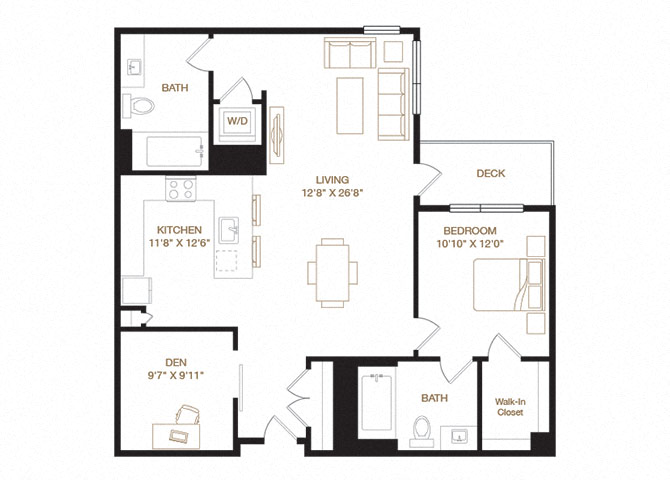 Floor plan for 1 bed, 2 baths, 1114 sqft