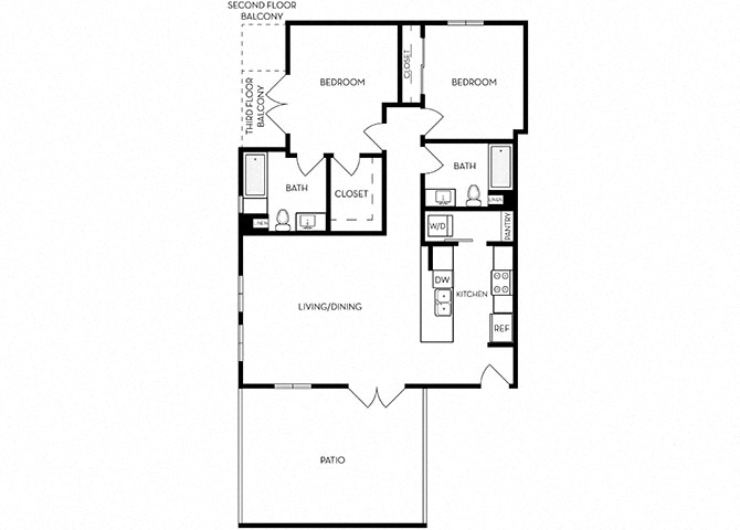 Floor plan for 2 beds, 2 baths, 1149 sqft