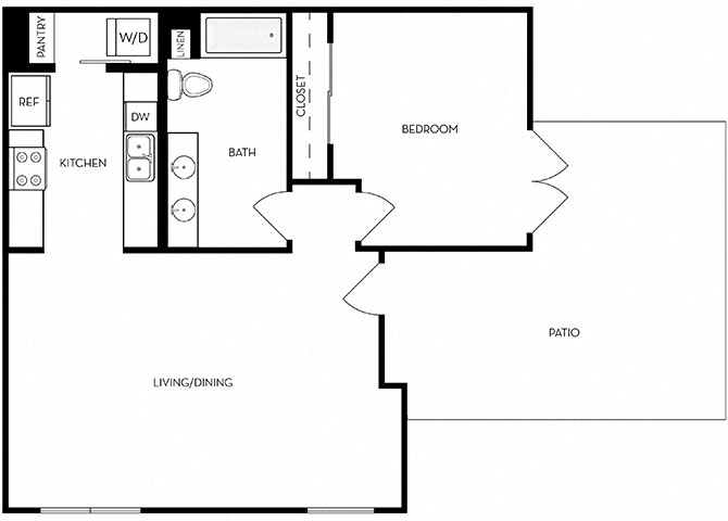 Floor plan for 1 bed, 1 bath, 945 sqft