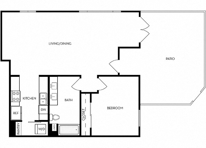 Floor plan for 1 bed, 1 bath, 833 sqft