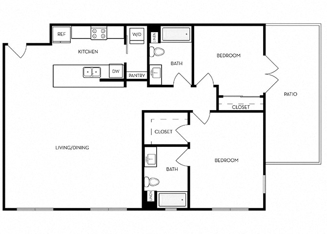 Floor plan for 2 beds, 2 baths, 1205 sqft