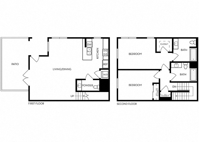 Floor plan for 2 beds, 2.5 baths, 1371 sqft
