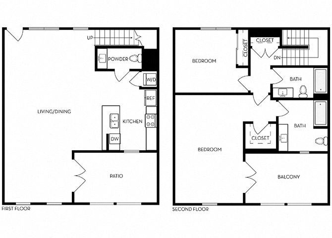 Floor plan for 2 beds, 2.5 baths, 1676 sqft