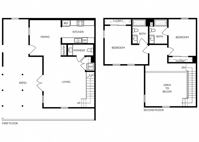 Floor plan for 2 beds, 2.5 baths, 1494 sqft