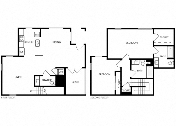 Floor plan for 2 beds, 2.5 baths, 1551 sqft