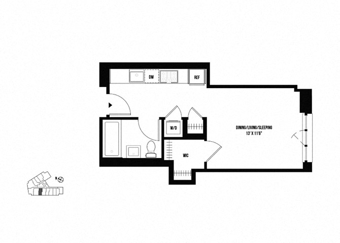 Floor plan for studio, 1 bath, 408 sqft