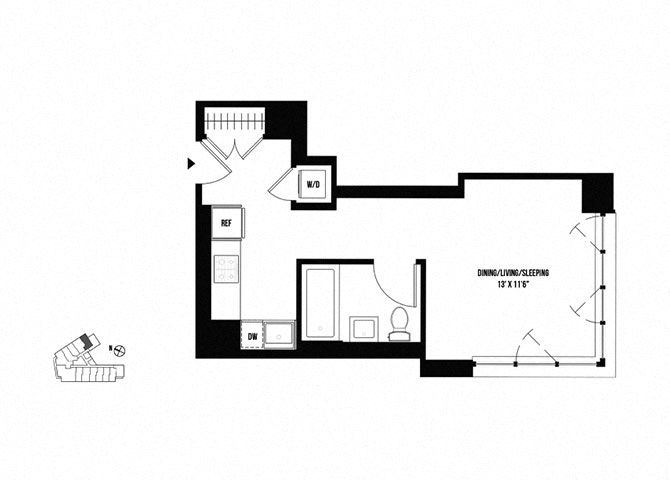 Floor plan for studio, 1 bath, 412 sqft