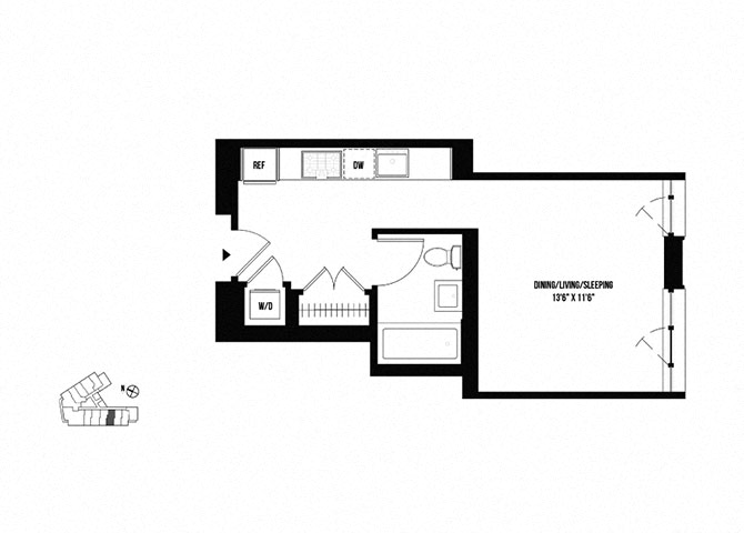 Floor plan for studio, 1 bath, 401 sqft