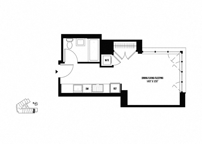 Floor plan for studio, 1 bath, 400 sqft