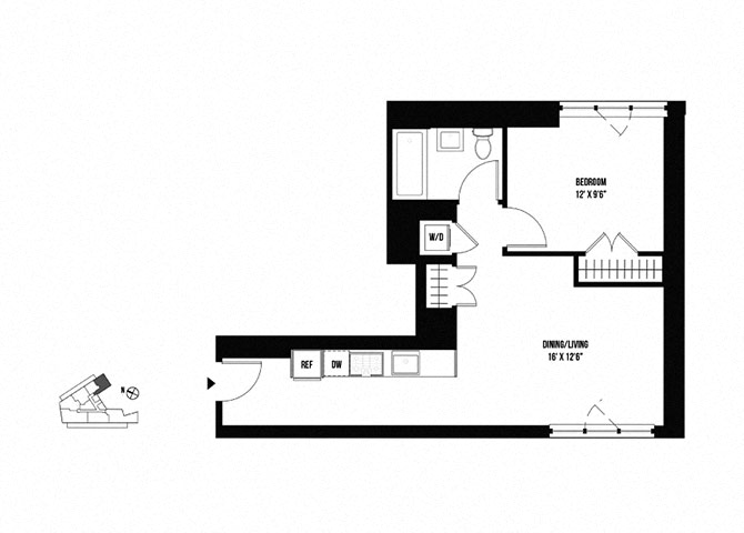 Floor plan for 1 bed, 1 bath, 633 sqft