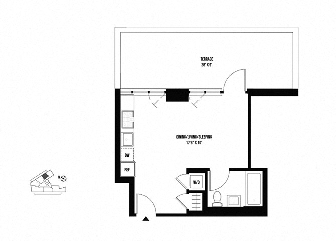 Floor plan for studio, 1 bath, 402 sqft