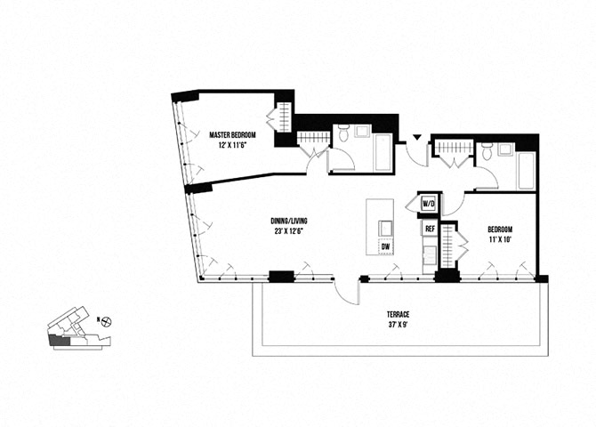 Floor plan for 2 beds, 2 baths, 1082 sqft