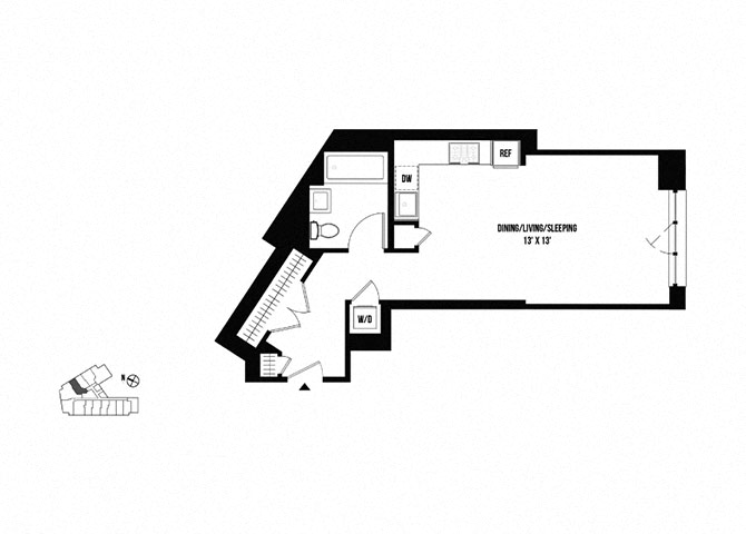 Floor plan for studio, 1 bath, 519 sqft