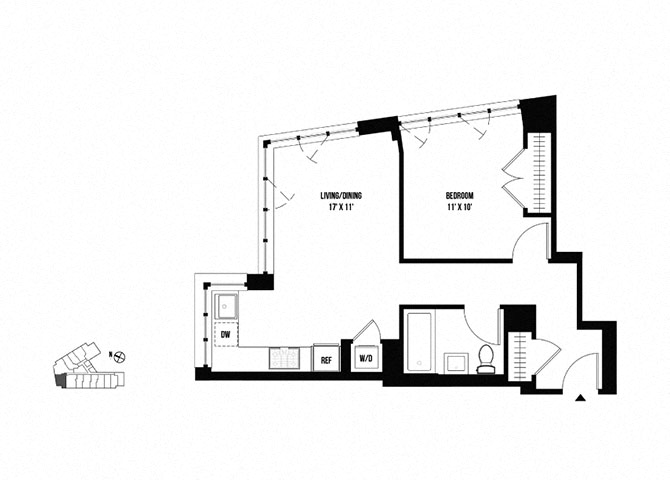 Floor plan for 1 bed, 1 bath, 624 sqft