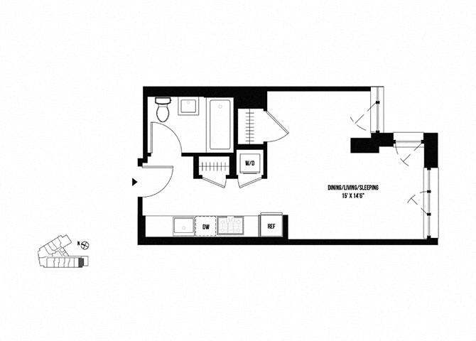 Floor plan for studio, 1 bath, 410 sqft