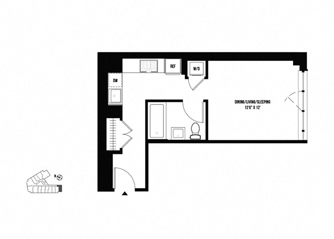 Floor plan for studio, 1 bath, 444 sqft