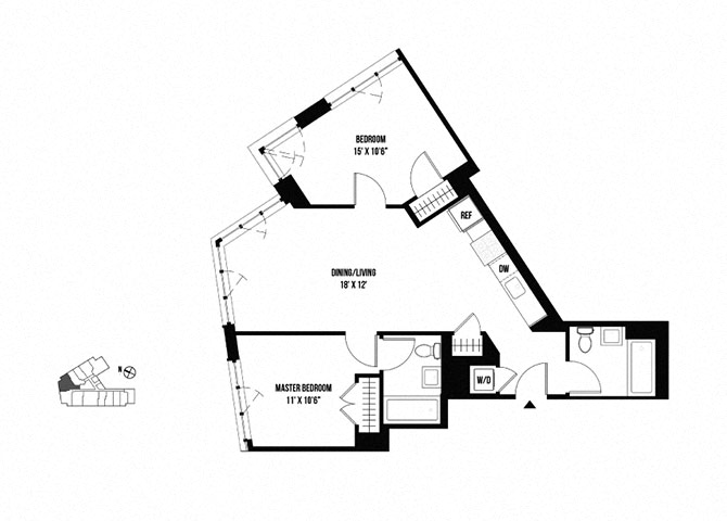 Floor plan for 2 beds, 2 baths, 899 sqft