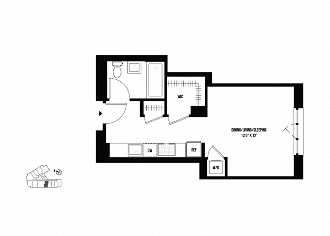 Floor plan for studio, 1 bath, 424 sqft