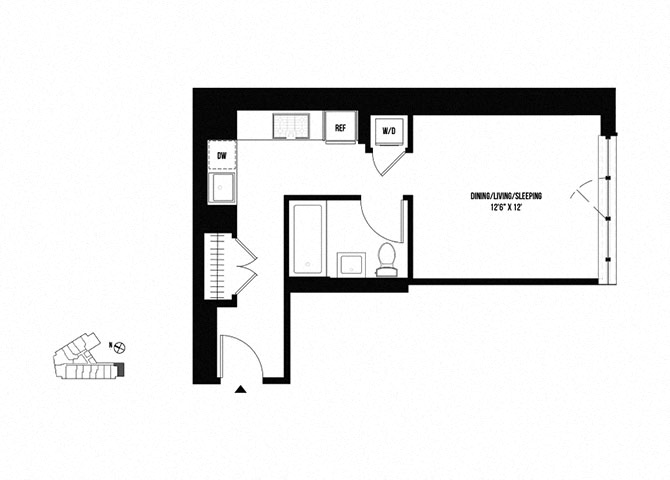 Floor plan for studio, 1 bath, 454 sqft