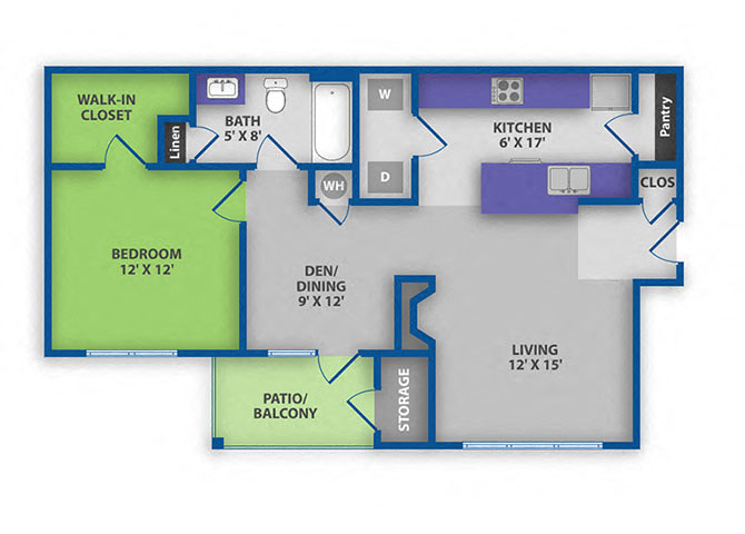 Floor plan for 1 bed, 1 bath, 837 sqft