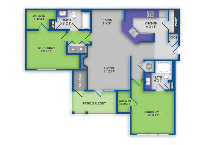 Floor plan for 2 beds, 2 baths, 1243 sqft