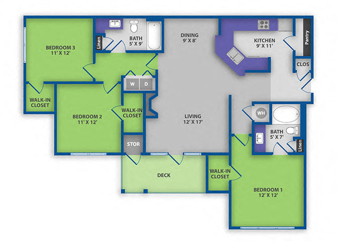 Floor plan for 3 beds, 2 baths, 1401 sqft
