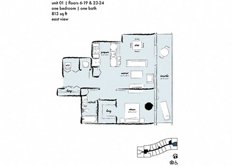 Floor plan for studio, 1 bath, 614 sqft