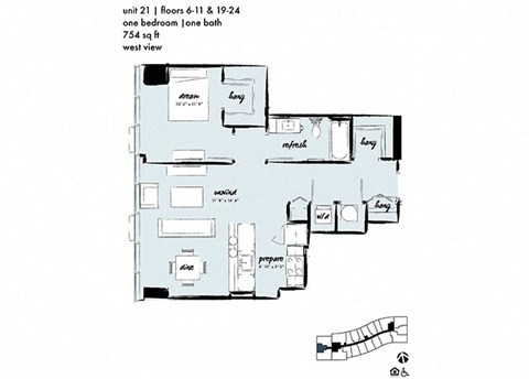 Floor plan for studio, 1 bath, 557 sqft
