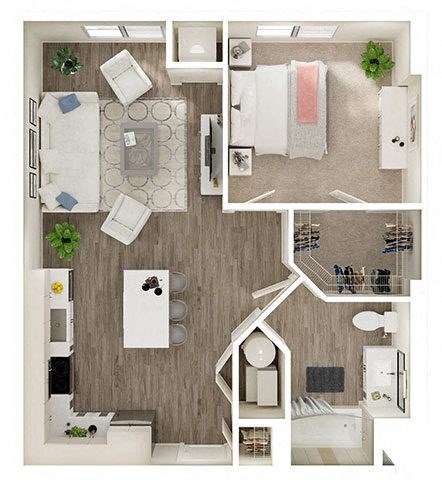 Floor plan for 1 bed, 1 bath, 707 sqft