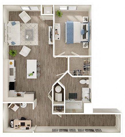Floor plan for 1 bed, 1 bath, 997 sqft