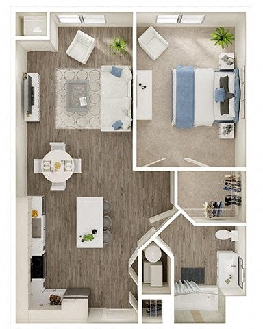 Floor plan for 1 bed, 1 bath, 777 sqft