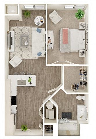Floor plan for 1 bed, 1 bath, 723 sqft