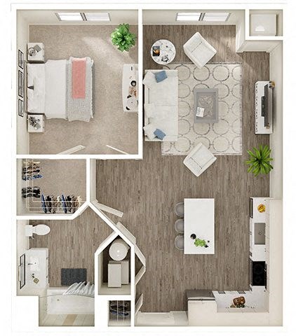 Floor plan for 1 bed, 1 bath, 769 sqft