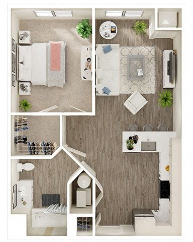 Floor plan for 1 bed, 1 bath, 691 sqft