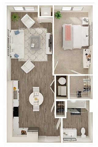 Floor plan for 1 bed, 1 bath, 619 sqft
