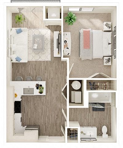 Floor plan for 1 bed, 1 bath, 604 sqft