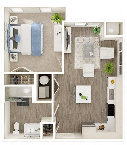 Floor plan for 1 bed, 1 bath, 577 sqft