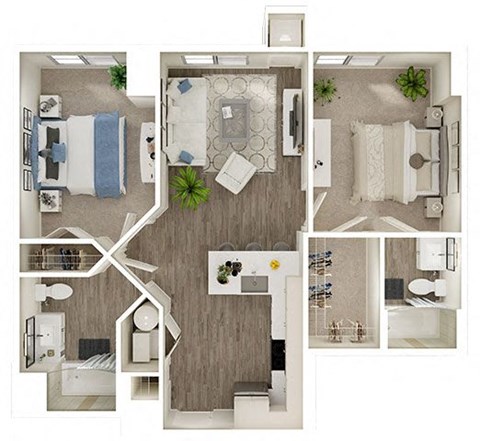Floor plan for 2 beds, 2 baths, 910 sqft