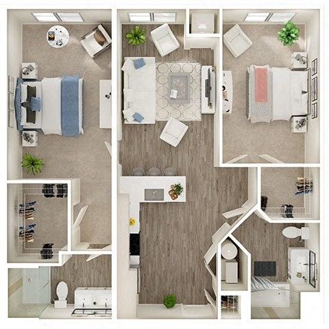 Floor plan for 2 beds, 2 baths, 1086 sqft