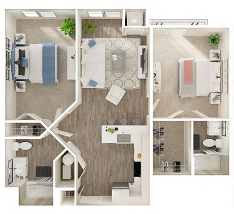 Floor plan for 2 beds, 2 baths, 939 sqft