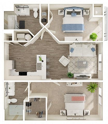 Floor plan for 2 beds, 2 baths, 957 sqft