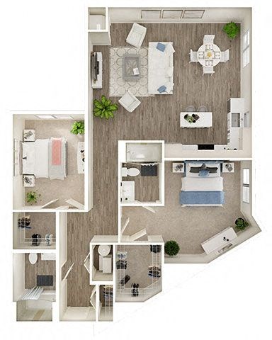 Floor plan for 2 beds, 2 baths, 1301 sqft