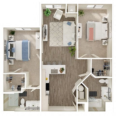 Floor plan for 2 beds, 2 baths, 1000 sqft