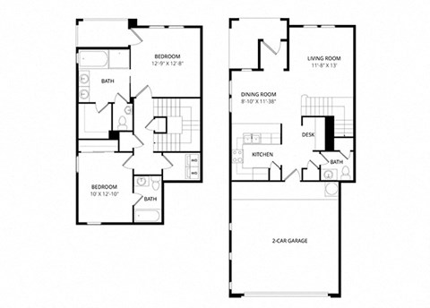 Floor plan for 2 beds, 2.5 baths, 1217 sqft