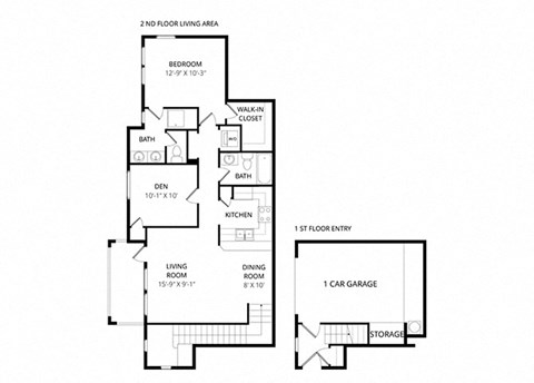 Floor plan for 1 bed, 2 baths, 969 sqft