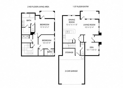 Floor plan for 2 beds, 2.5 baths, 1363 sqft