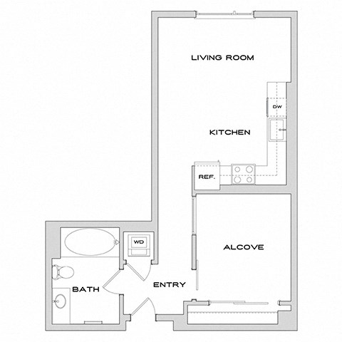 Floor plan for 1 bed, 1 bath, 608 sqft